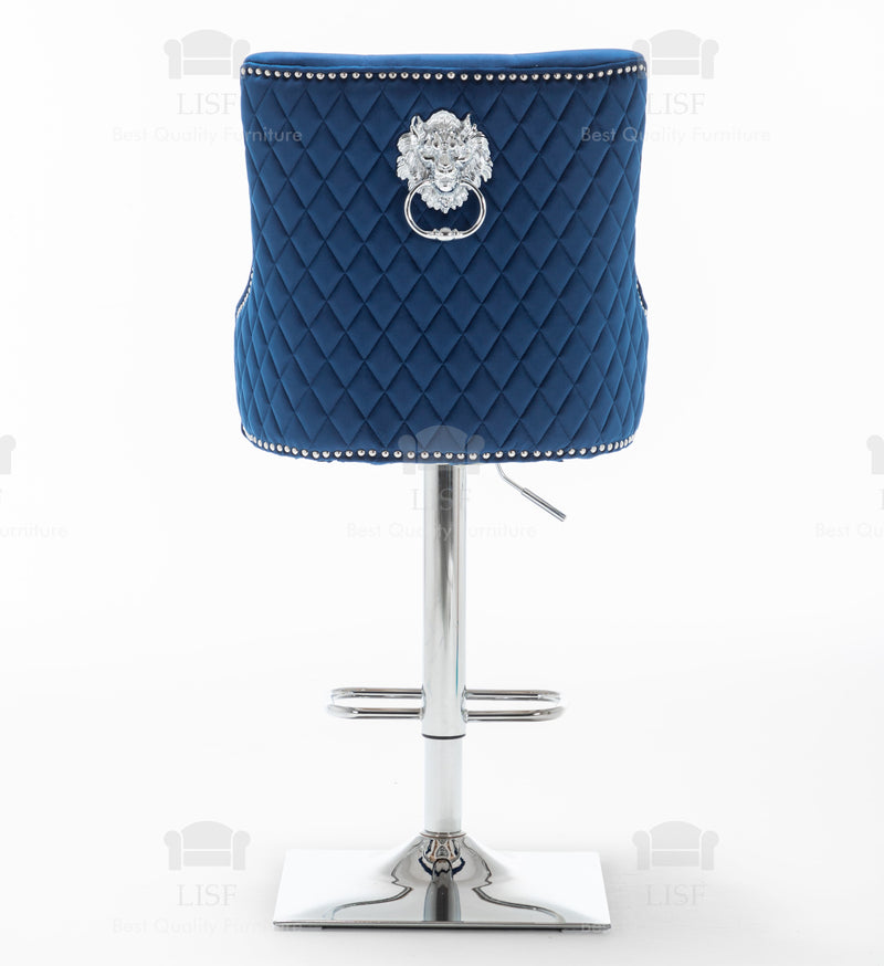 Chelsea Blue Velvet tufted back Studded Lion Head Barstools Chairs