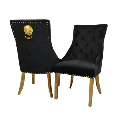 Chelsea Black Velvet tufted back Studded Lion Head Dining Chair - GOLD LEGS
