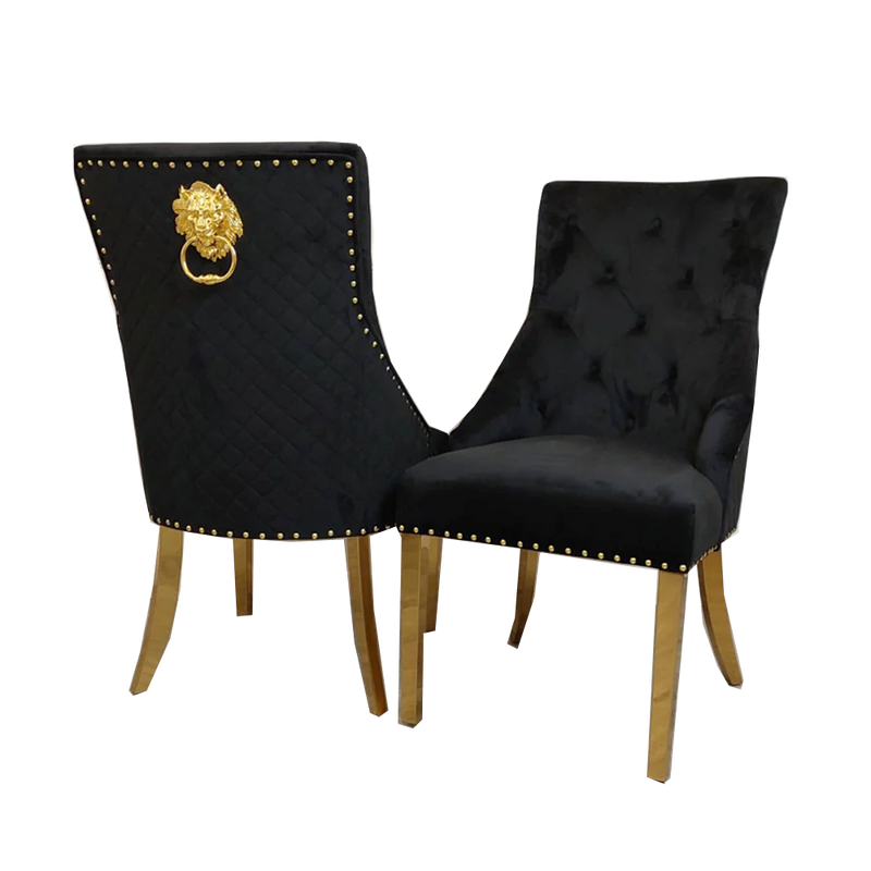 Chelsea Black Velvet tufted back Studded Lion Head Dining Chair - GOLD LEGS