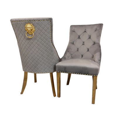 Chelsea Grey Velvet tufted back Studded Lion Head Dining Chair - GOLD LEGS