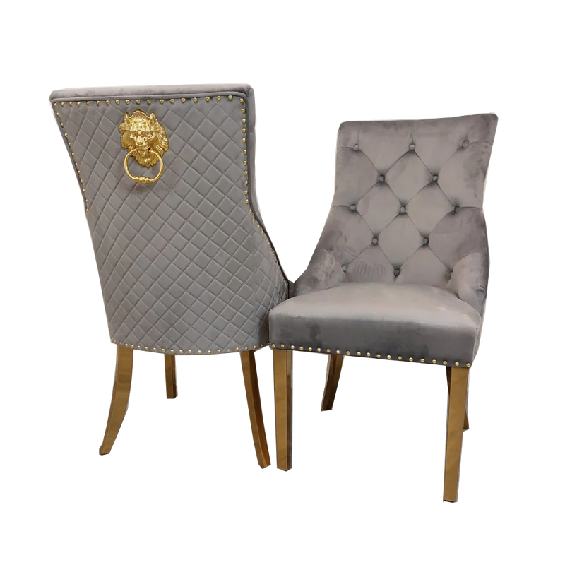 Chelsea Grey Velvet tufted back Studded Lion Head Dining Chair - GOLD LEGS