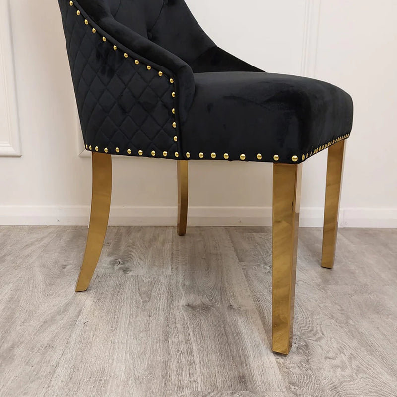 Chelsea Black Velvet tufted back Studded Lion Head Dining Chair - GOLD LEGS