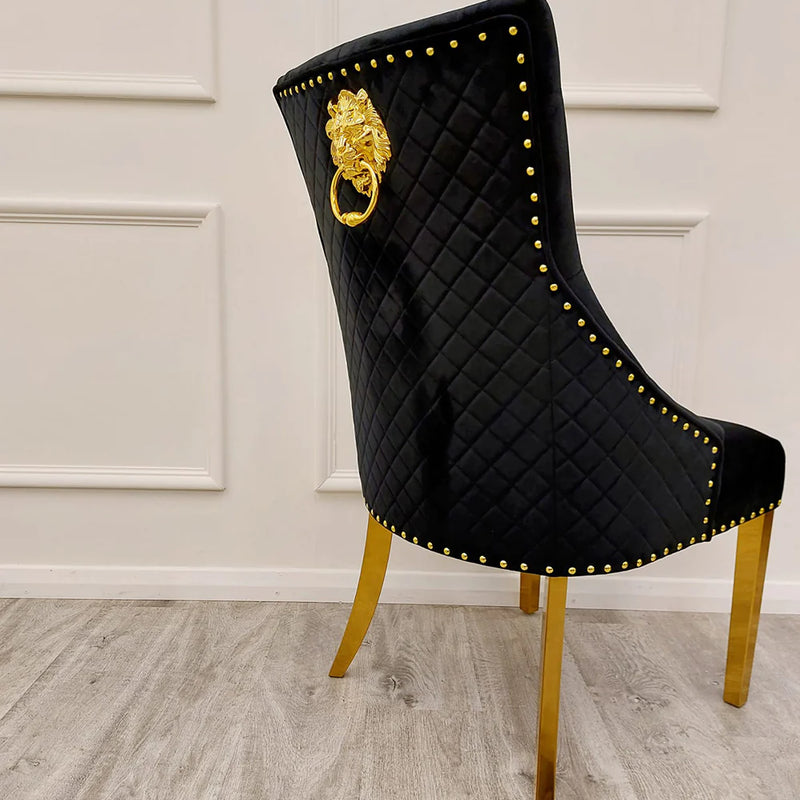 Chelsea Black Velvet tufted back Studded Lion Head Dining Chair - GOLD LEGS