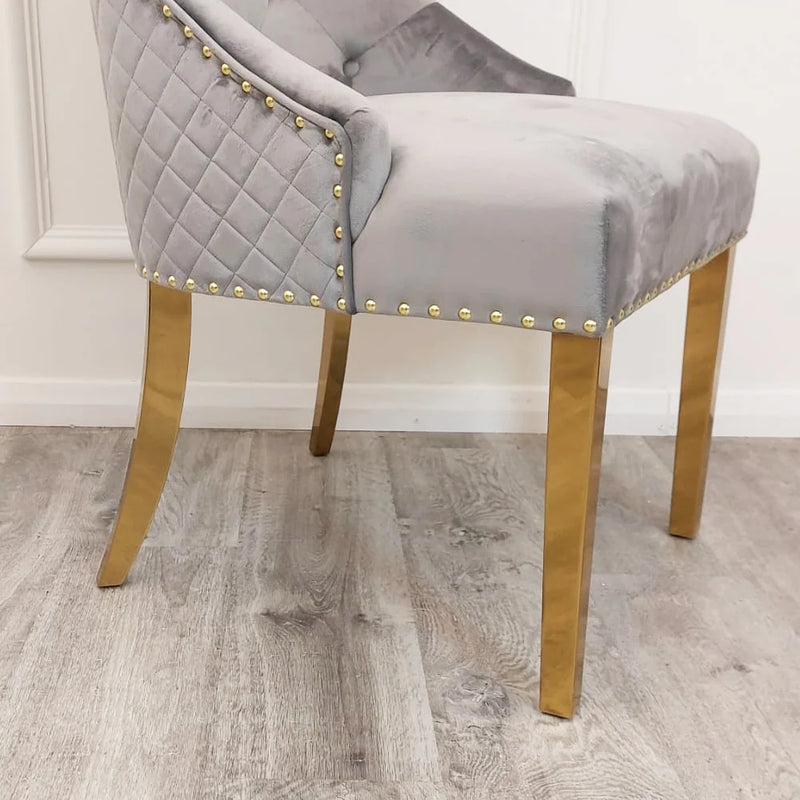 Chelsea Grey Velvet tufted back Studded Lion Head Dining Chair - GOLD LEGS