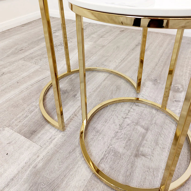 Madison Set Of 2 Nesting Side Tables, White Marble & Brass