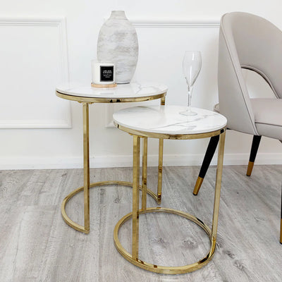 Madison Set Of 2 Nesting Side Tables, White Marble & Brass