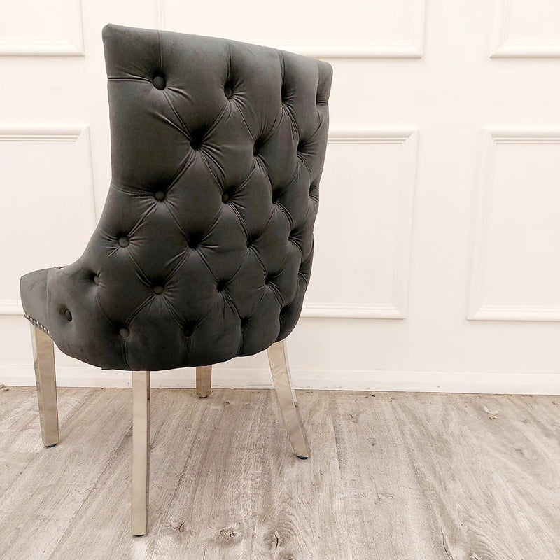 Kensington Buttons Back Dining Chairs in Luxury Dark Grey Velvet