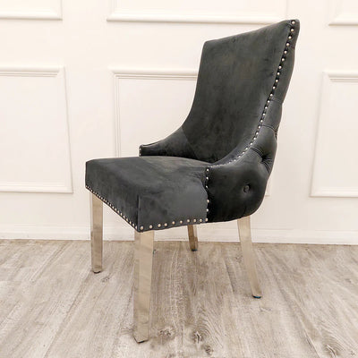 Kensington Buttons Back Dining Chairs in Luxury Dark Grey Velvet