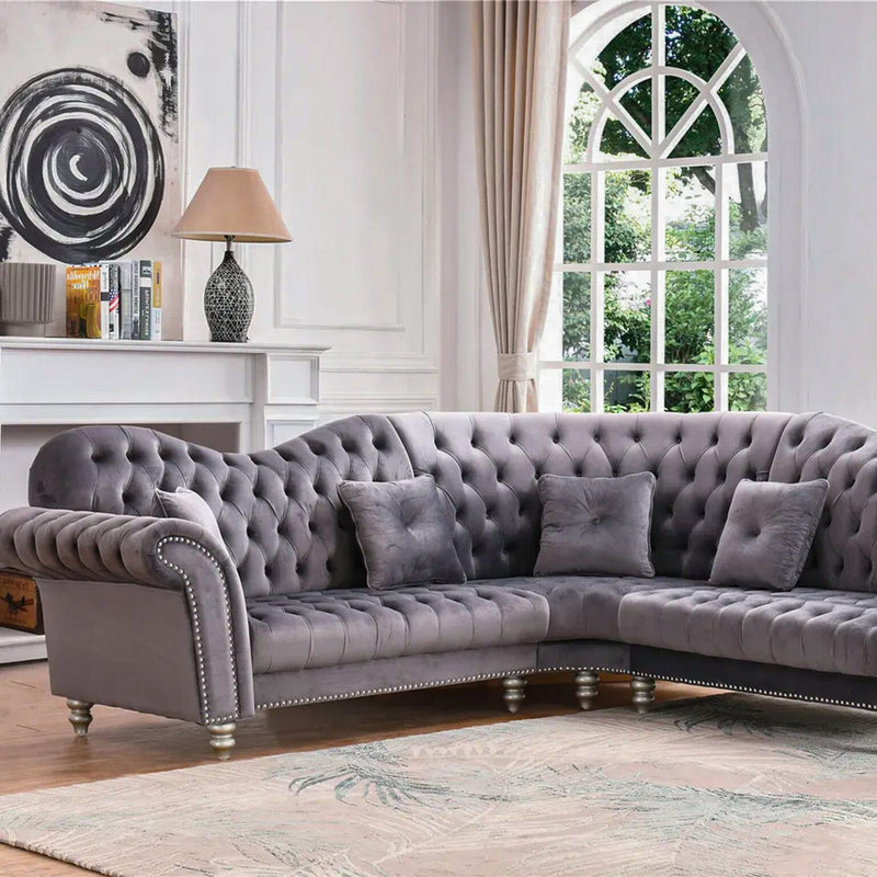 The Elegance Chesterfield Corner Sofas in Luxury Dark Grey Velvet - Immediate Delivery