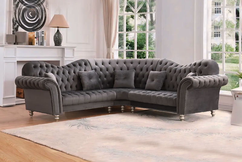 The Elegance Chesterfield Corner Sofas in Luxury Dark Grey Velvet - Immediate Delivery