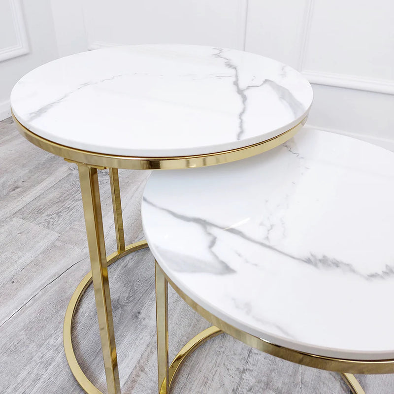 Madison Set Of 2 Nesting Side Tables, White Marble & Brass