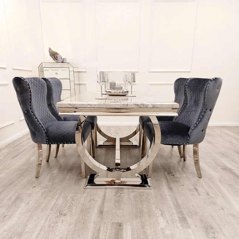 The Arianna Grey Marble Dining set (180cm) With 6 Shimmer Lion-Head Dining Chairs