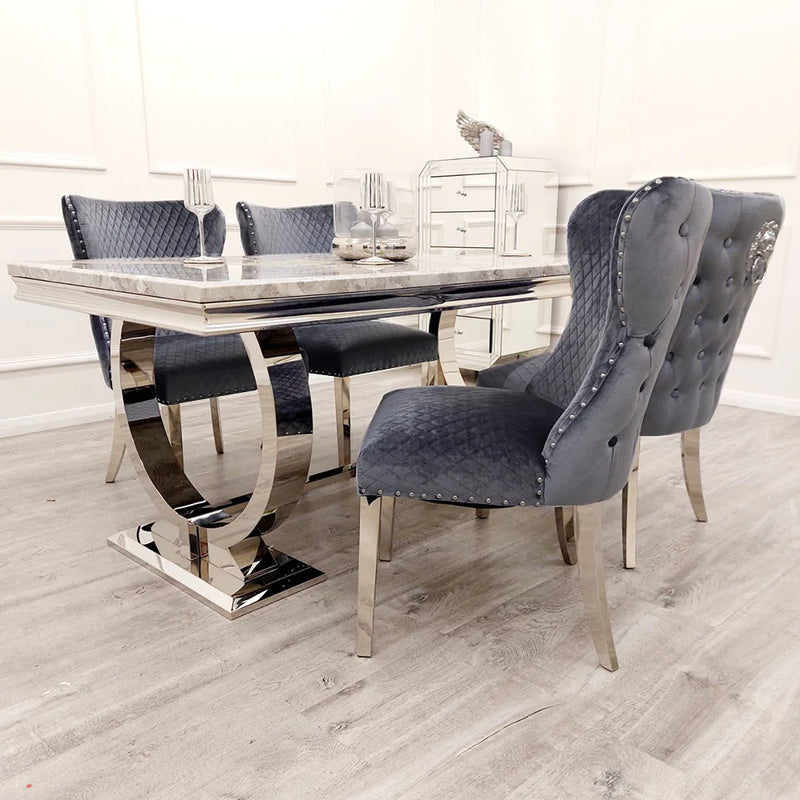 The Arianna Grey Marble Dining set (180cm) With 6 Shimmer Lion-Head Dining Chairs