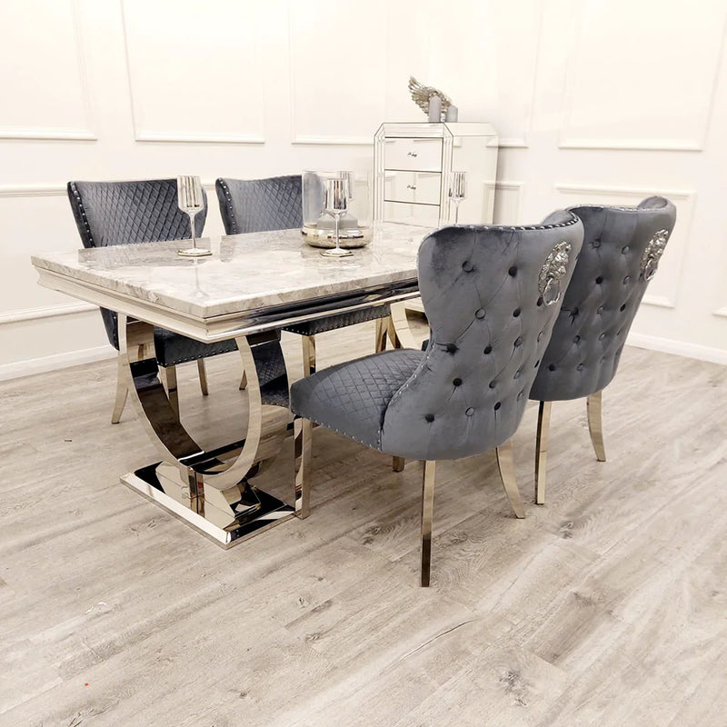 The Arianna Grey Marble Dining set (180cm) With 6 Shimmer Lion-Head Dining Chairs