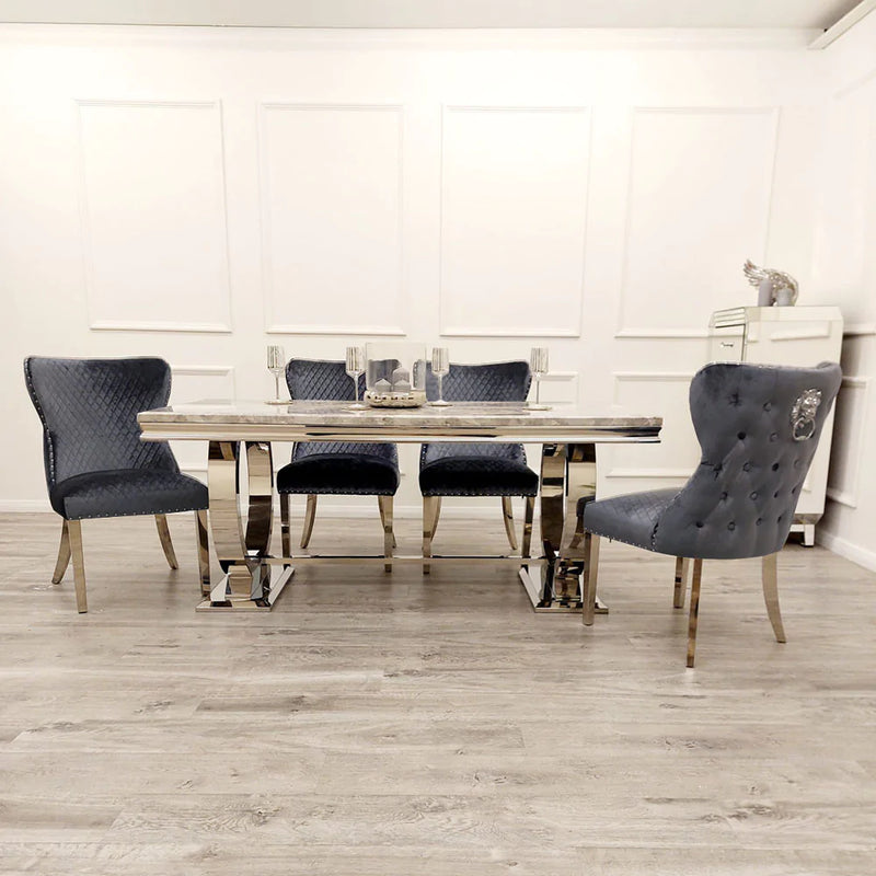 The Arianna Grey Marble Dining set (180cm) With 6 Shimmer Lion-Head Dining Chairs