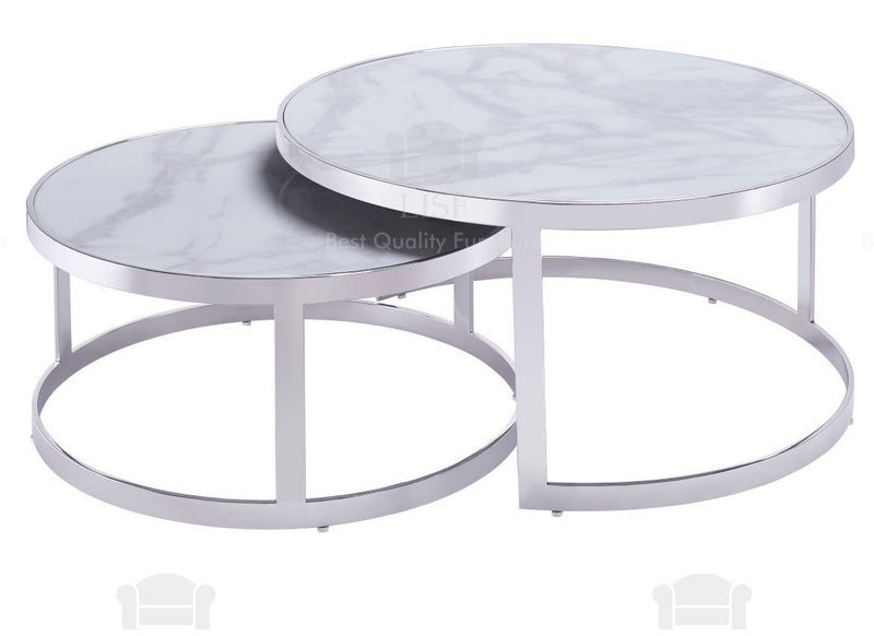 Madison Set Of 2 Nesting Coffee Tables, White Marble & Silver Frame - 90cmØ