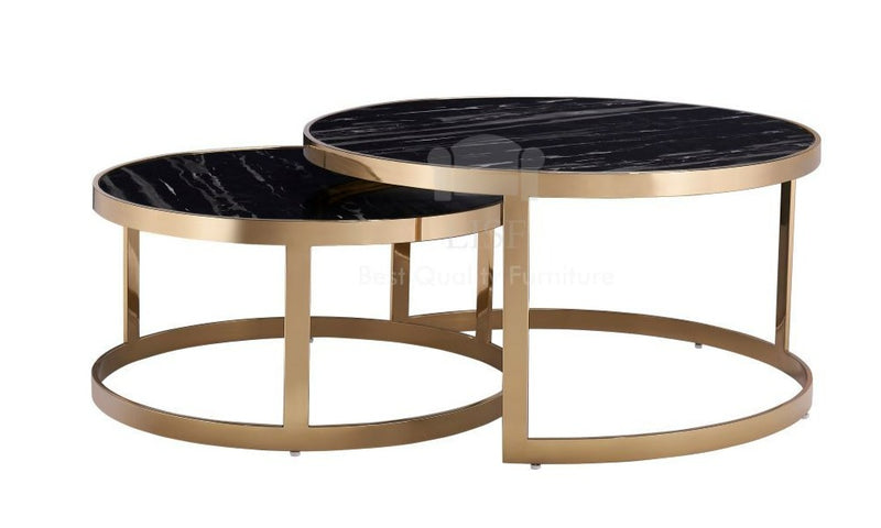Madison Set Of 2 Nesting Coffee Tables, Black Marble & Brass - 90cmØ