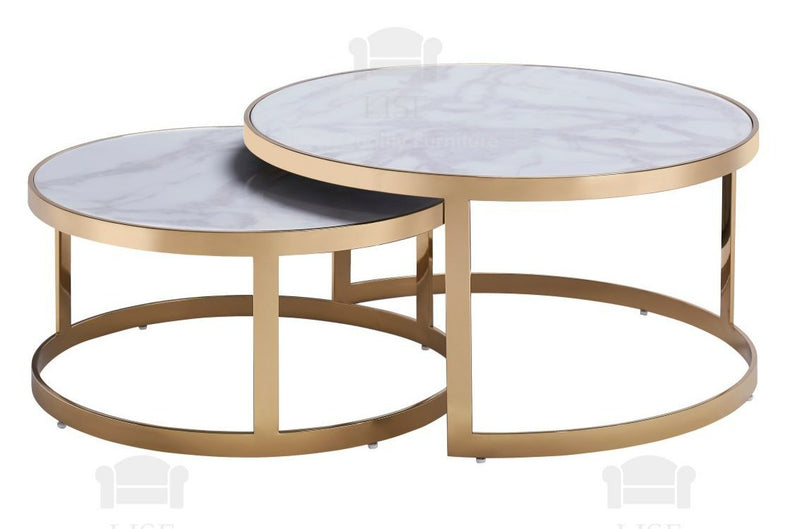 Madison Set Of 2 Nesting Coffee Tables, White Marble & Brass - 90cmØ