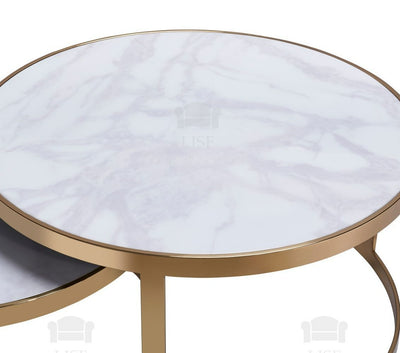 Madison Set Of 2 Nesting Coffee Tables, White Marble & Brass - 90cmØ
