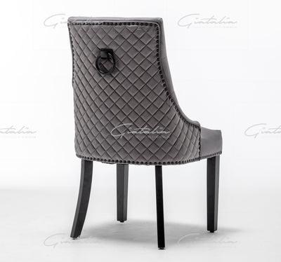 Cambridge Dark Grey Velvet tufted back Studded Door-Bell (Ring) Dining Chair - Black Edition