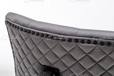 Cambridge Dark Grey Velvet tufted back Studded Door-Bell (Ring) Dining Chair - Black Edition