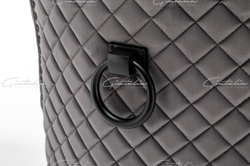 Cambridge Dark Grey Velvet tufted back Studded Door-Bell (Ring) Dining Chair - Black Edition