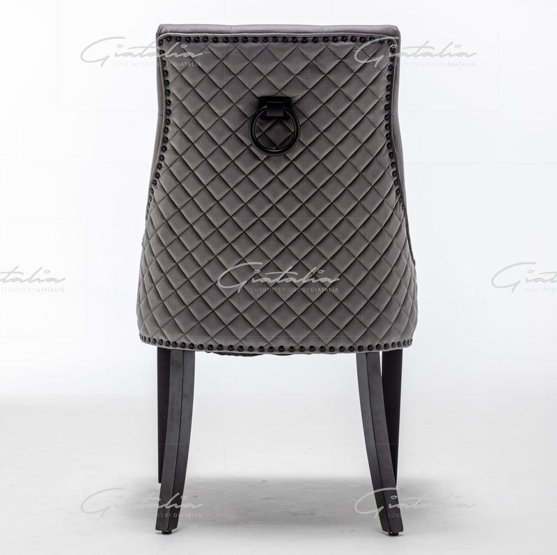 Cambridge Dark Grey Velvet tufted back Studded Door-Bell (Ring) Dining Chair - Black Edition