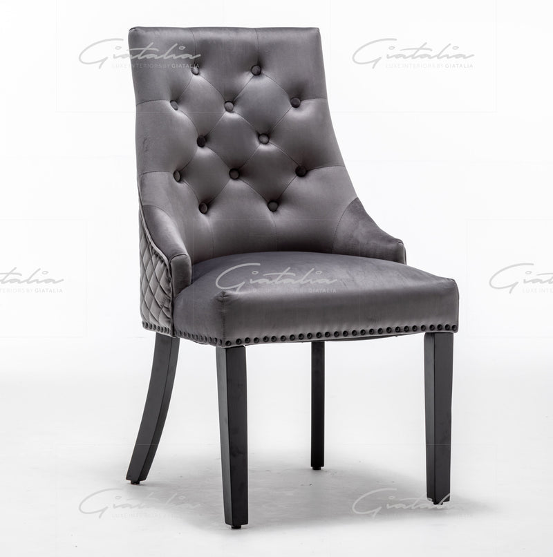 Cambridge Dark Grey Velvet tufted back Studded Door-Bell (Ring) Dining Chair - Black Edition