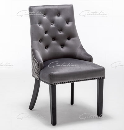 Cambridge Dark Grey Velvet tufted back Studded Door-Bell (Ring) Dining Chair - Black Edition