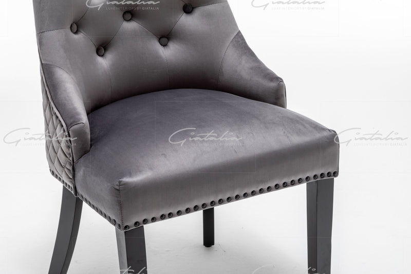 Cambridge Dark Grey Velvet tufted back Studded Door-Bell (Ring) Dining Chair - Black Edition