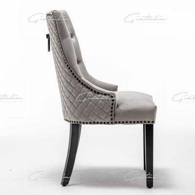 Cambridge Light Grey Velvet tufted back Studded Door-Bell (Ring) Dining Chair - Black Edition