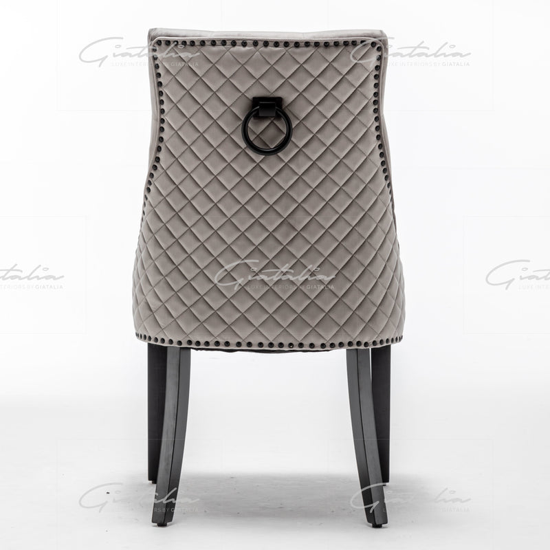 Cambridge Light Grey Velvet tufted back Studded Door-Bell (Ring) Dining Chair - Black Edition