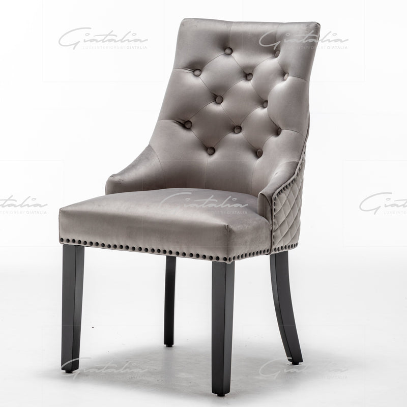 Cambridge Light Grey Velvet tufted back Studded Door-Bell (Ring) Dining Chair - Black Edition