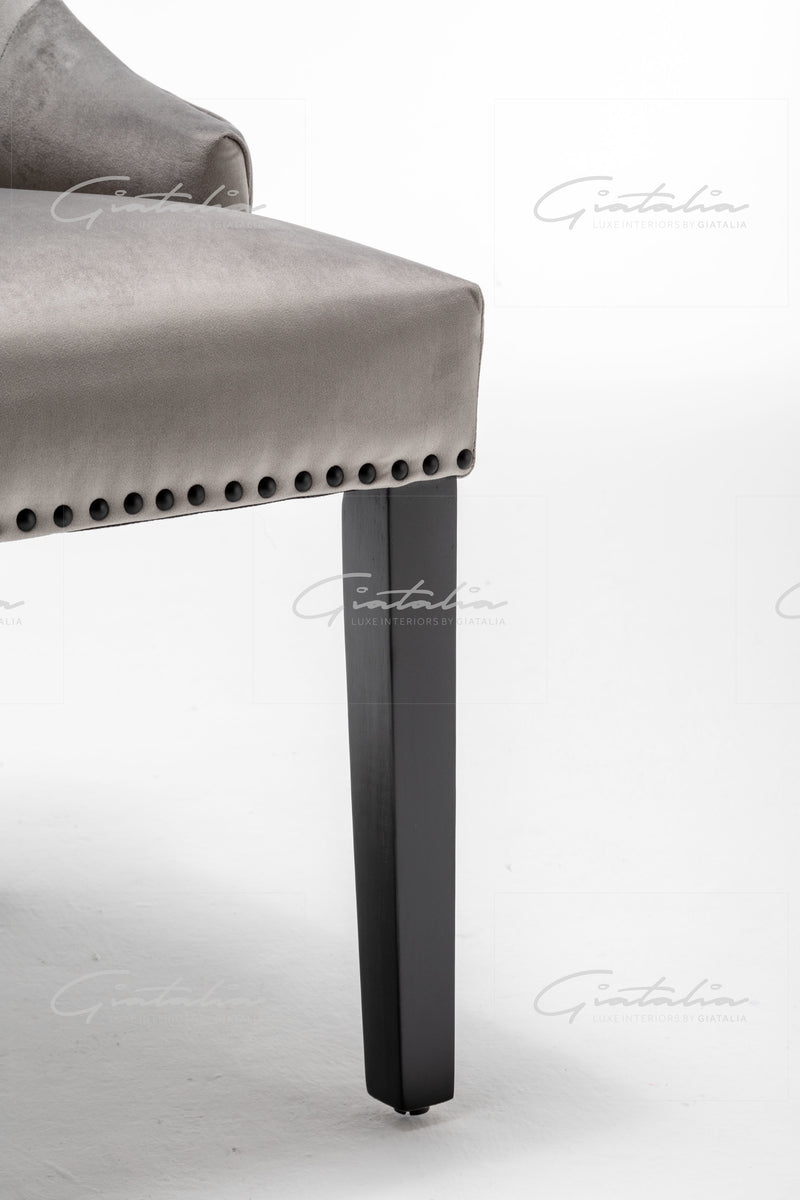 Cambridge Light Grey Velvet tufted back Studded Door-Bell (Ring) Dining Chair - Black Edition
