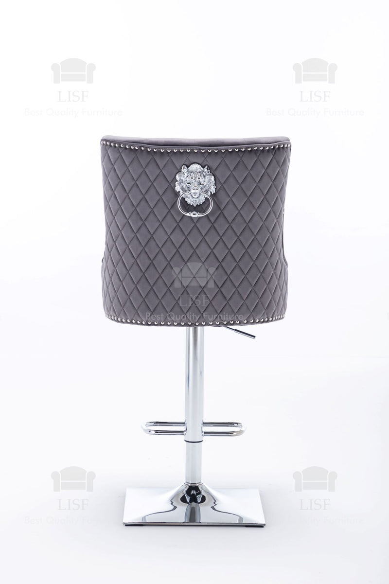 Chelsea  Grey Velvet tufted back Studded Lion Head Barstools Chairs