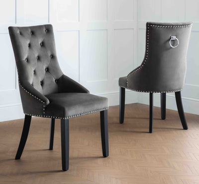 Ring Knocker Back, Brushed Velvet Fabrics, Dining Chairs, Dark Wooden Legs- ( Light Grey )