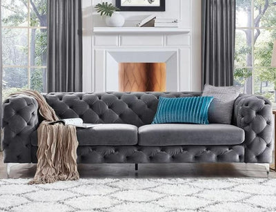 Chesterfield Sofas Sets in Grey Velvet 3 Seater