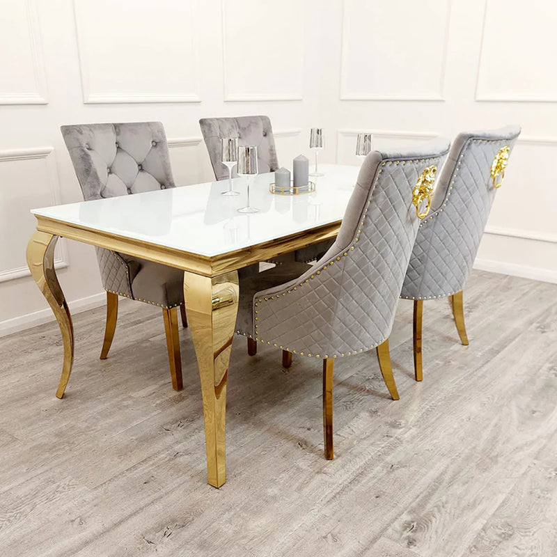 Louis Dining Table Gold with Glass Tops [Grey / White or Black] Glass Top - Table ONLY