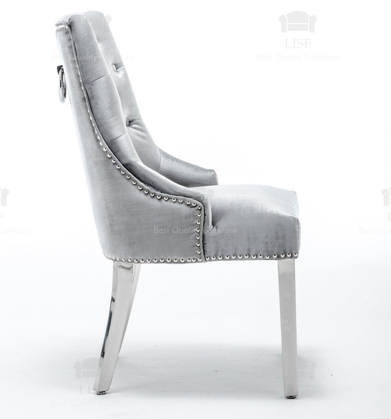 Knightsbridge Dining Chairs in Luxury Silver Velvet Knocker Back - (Door Bell)