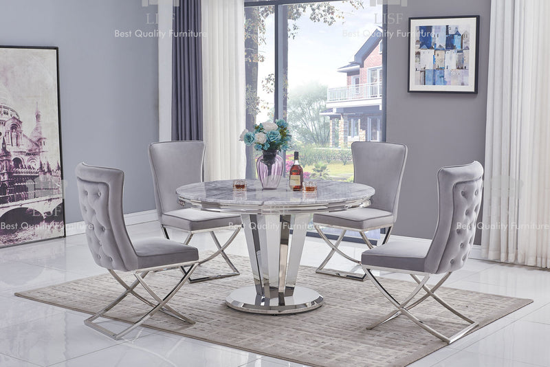 The Arturo Grey Marble Rounded Dining set with 4/6 Belgravia Dining Chairs (130CM)