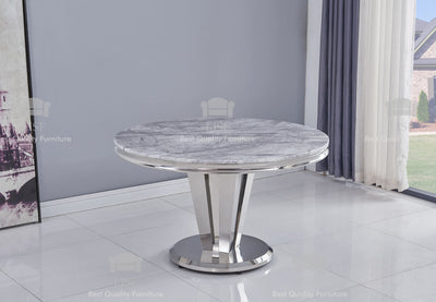 The Arturo Grey Marble Rounded Dining set with 4/6 Belgravia Dining Chairs (130CM)