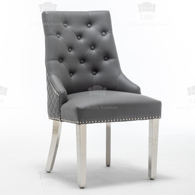 Chelsea Dark Grey Leather tufted back Studded Door-Bell (Ring) Dining Chair