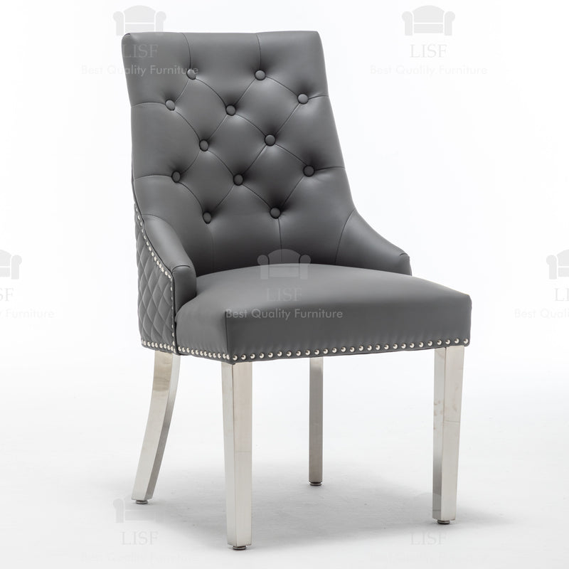 Chelsea Dark Grey Leather tufted back Studded Door-Bell (Ring) Dining Chair