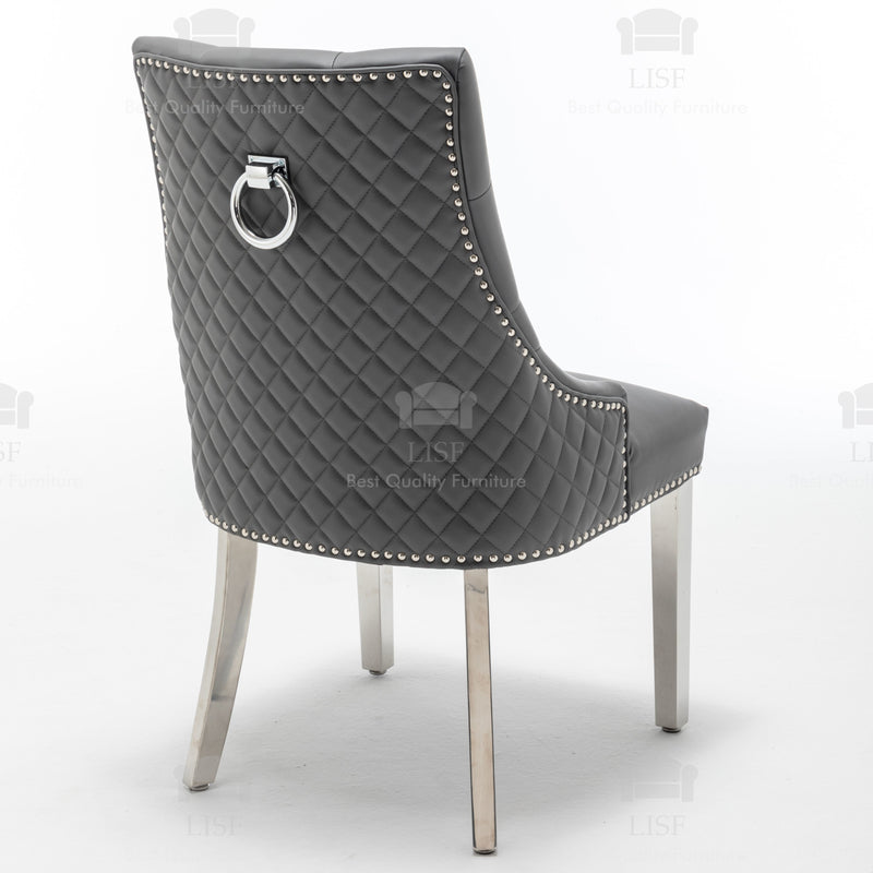 Chelsea Dark Grey Leather tufted back Studded Door-Bell (Ring) Dining Chair