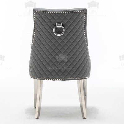 Chelsea Dark Grey Leather tufted back Studded Door-Bell (Ring) Dining Chair