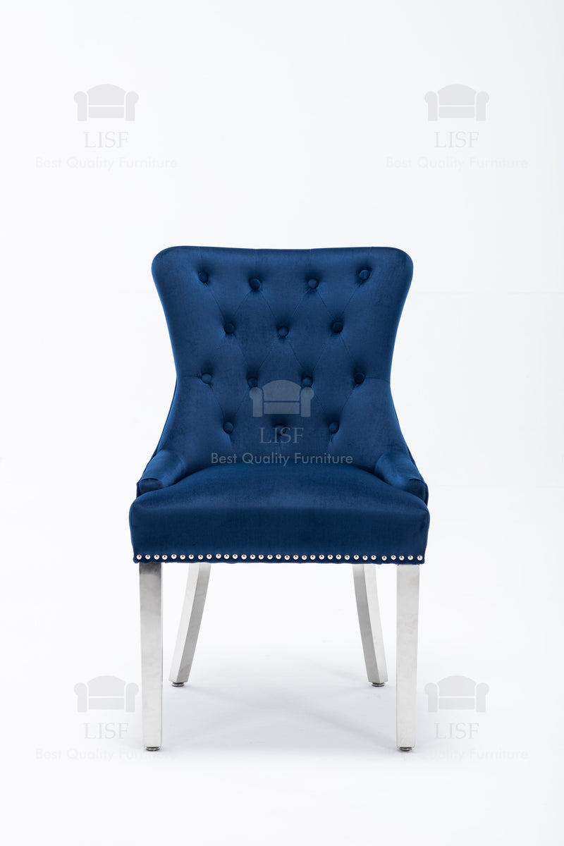 Windsor Blue Velvet tufted back Studded Lion Head Dining Chair