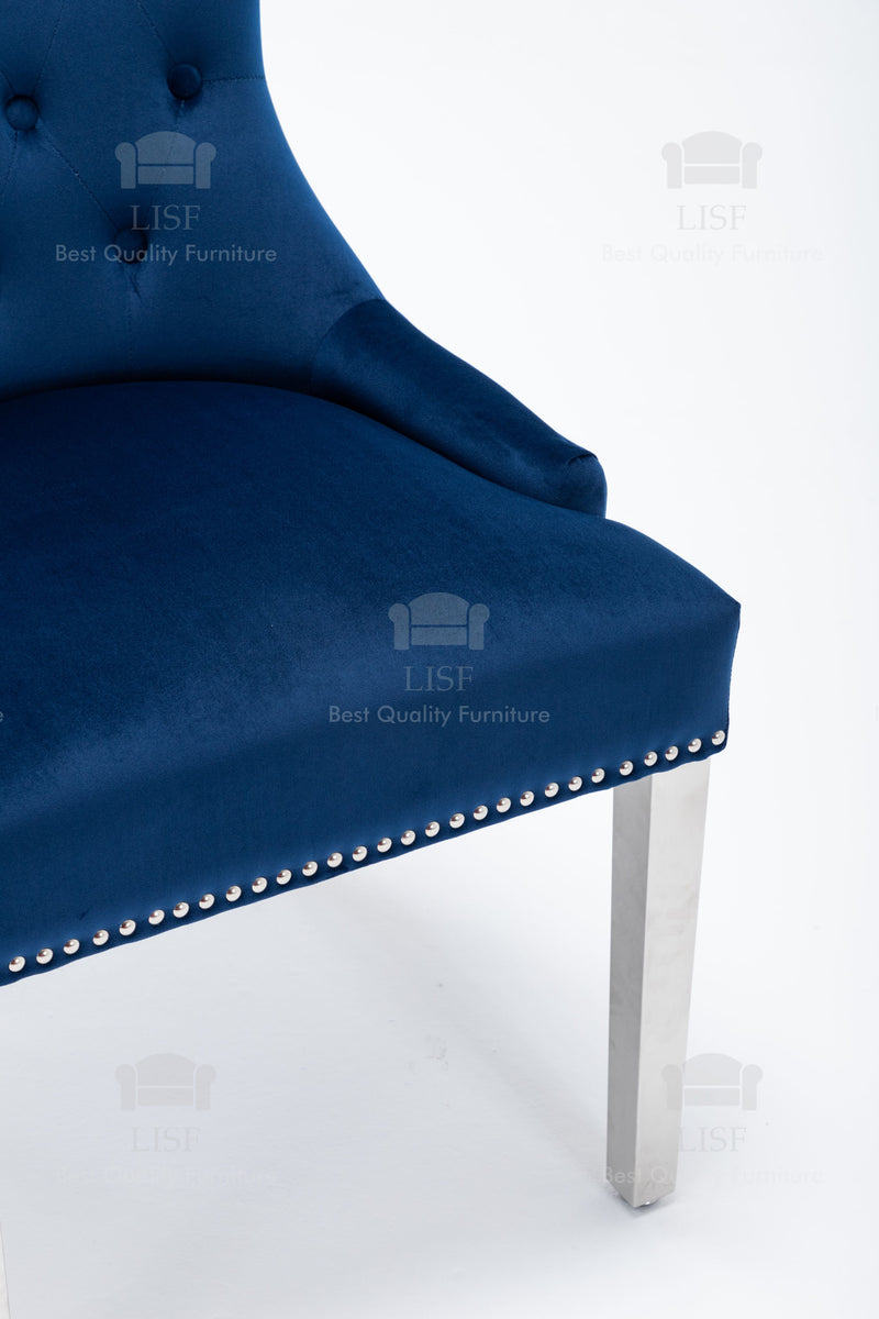 Windsor Blue Velvet tufted back Studded Lion Head Dining Chair