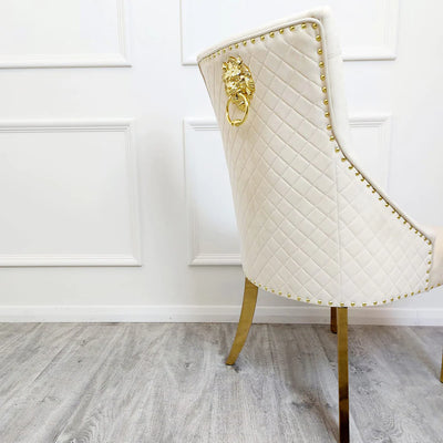 Chelsea Cream Velvet tufted back Studded Lion Head Dining Chair - GOLD LEGS