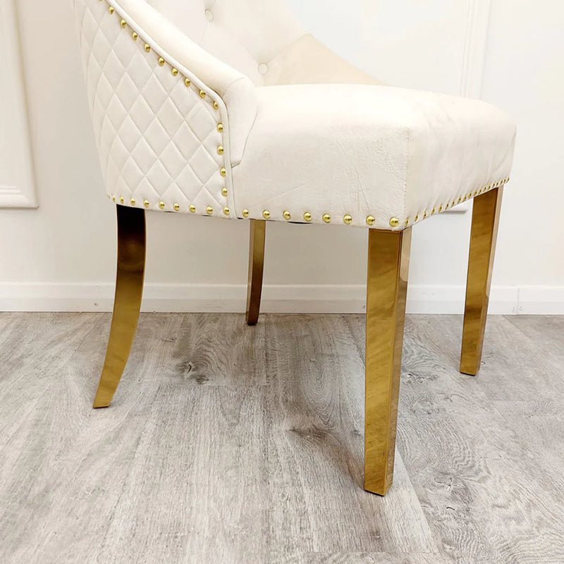 Chelsea Cream Velvet tufted back Studded Lion Head Dining Chair - GOLD LEGS