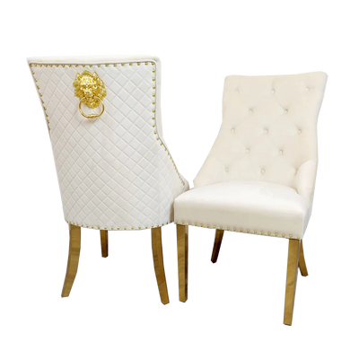 Chelsea Cream Velvet tufted back Studded Lion Head Dining Chair - GOLD LEGS